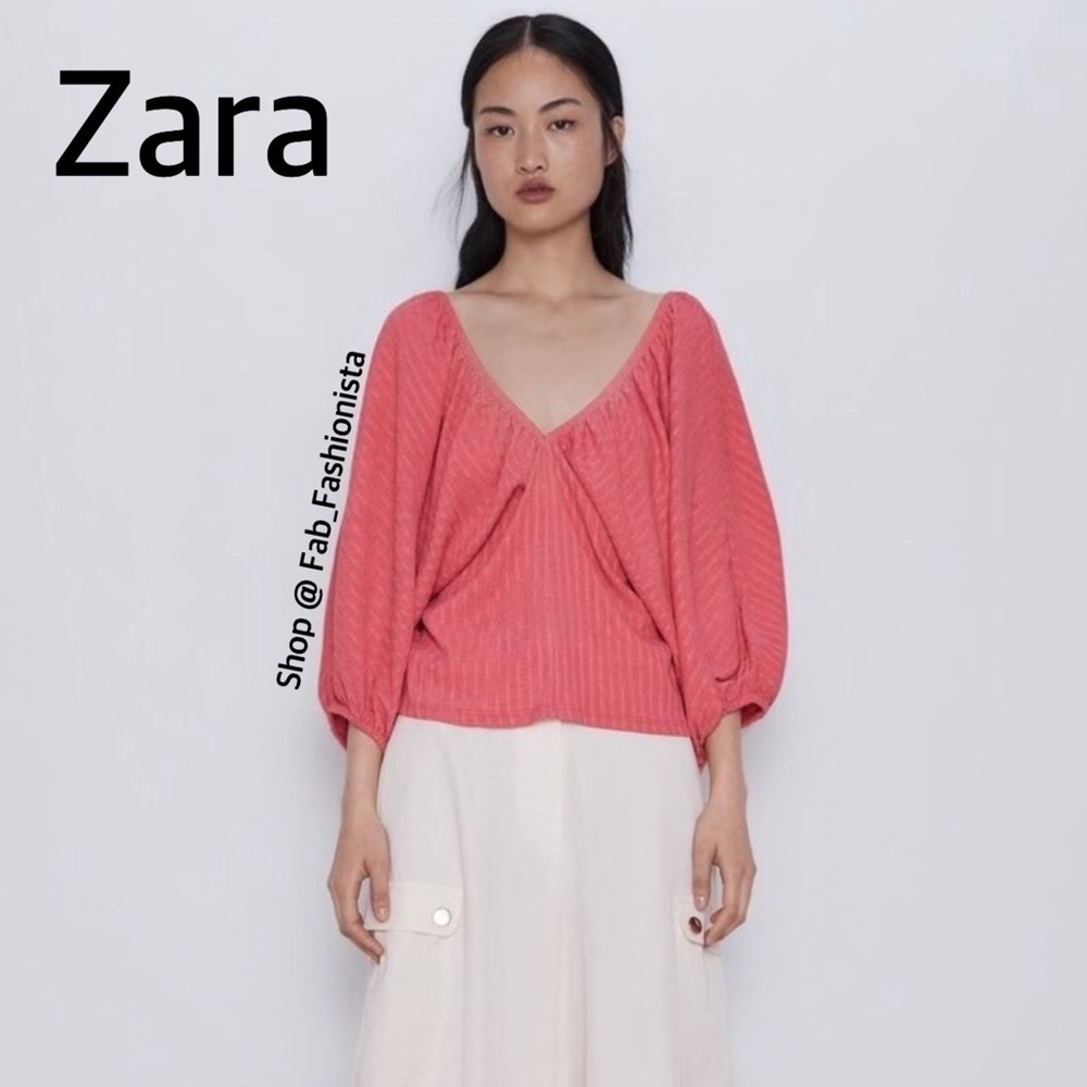 Zara Slouchy v neck oversized puff sleeve blouse